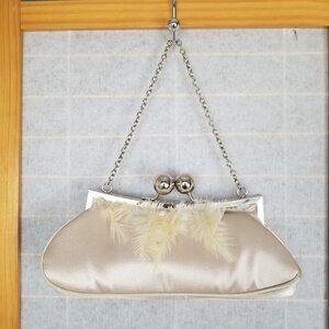 Ivory Satin Evening Bag Kiss Lock Feather Detail Chain Strap Mini Crescent Purse